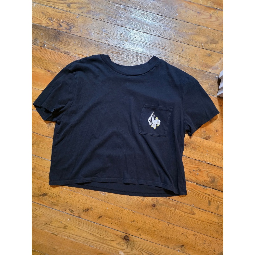 Rare Volcom Stone Womens Black Organic Cotton Graphic Pocket Crop T-Shirt Large